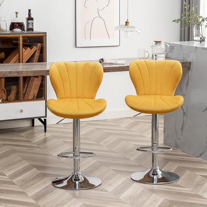 Roundhill Furniture Ellston Velvet Adjustable Swivel Barstools in Yellow, Set of 2