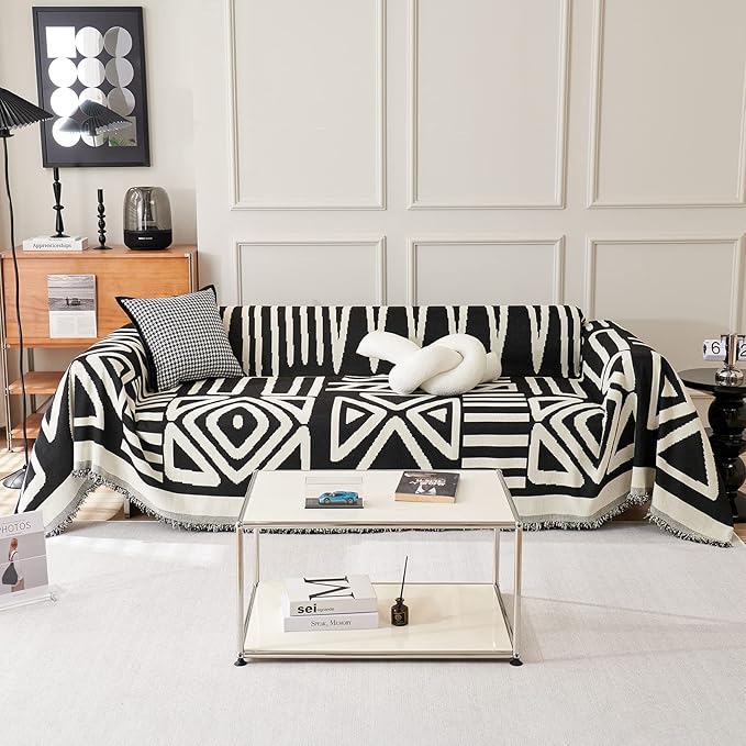 VM VOUGEMARKET Black Couch Cover for 2 Cushion Chenille Loeveseat Sofa Cover Dog Proof Furniture Protector Cover Universal Sofa Slipcover L Shaped Sectional Couch Cover with Tassels-71 x 118,Black