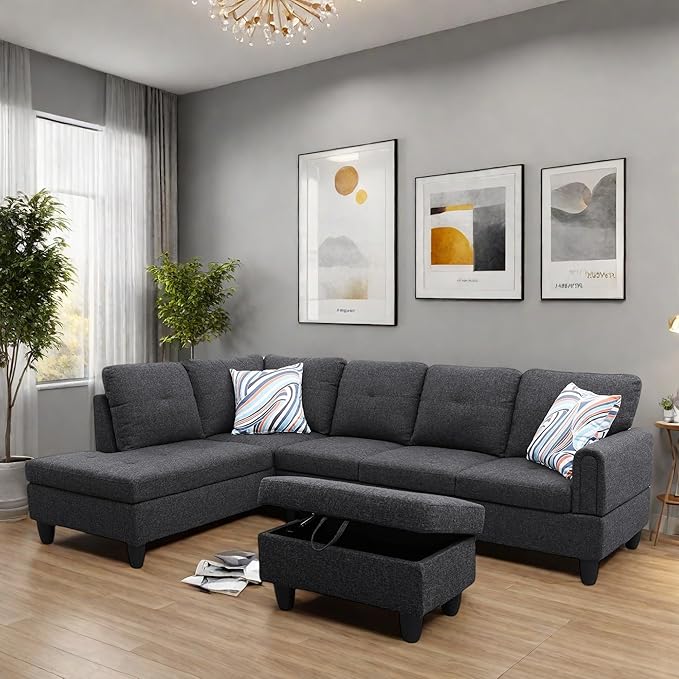 L Shaped Sectional Couches, Modern Modular Sectional Sofa for Living Room Bedroom Furniture, Comfy 4 Seat Couch with Ottoman Storage & Chaise, Black Gray