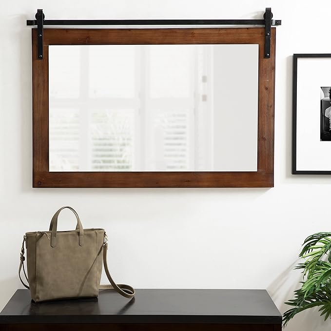 Kate and Laurel Cates Farmhouse Horizontal Wood Framed Wall Mirror; 38 x 27; Walnut Brown; Barn Door-Inspired Decorative Hanging Mirror for Wall Decor