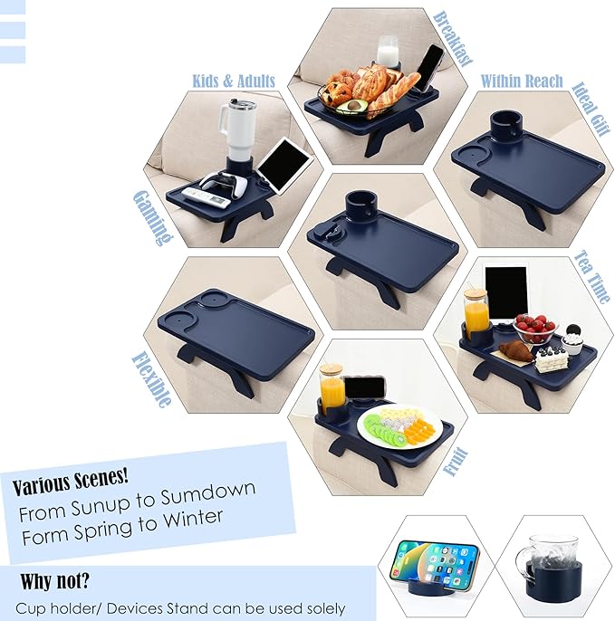 Nnewvante Couch Cup Holder,3 in 1 Large 15.36""x9.85"" Bamboo Sofa Arm Clip on Tray Table with 360°Rotated Phone/Drink Holer, Navy Blue, CAT39252