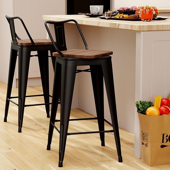 30 Inch Swivel Bar Stools Set of 2 with Backs Counter Height Industrial Metal Barstools Island Bar Chairs for Home Kitchen Dining Room (Swivel 30 inch,Matte Black Wooden)