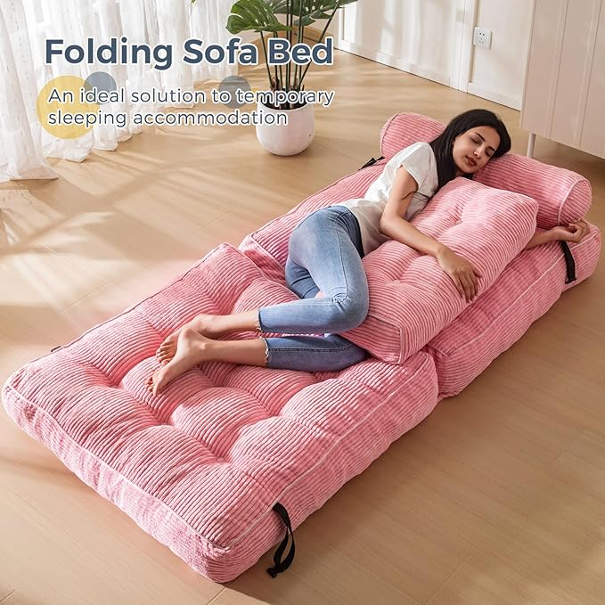MAXYOYO Folding Sofa Bed, Convertible Sleeper Chair with Pillow Foldable Mattress with Back Support, Portable Fold Out Chair Bed Comfy Floor Sofa Lounge for Living Room Bedroom, Pink, Single