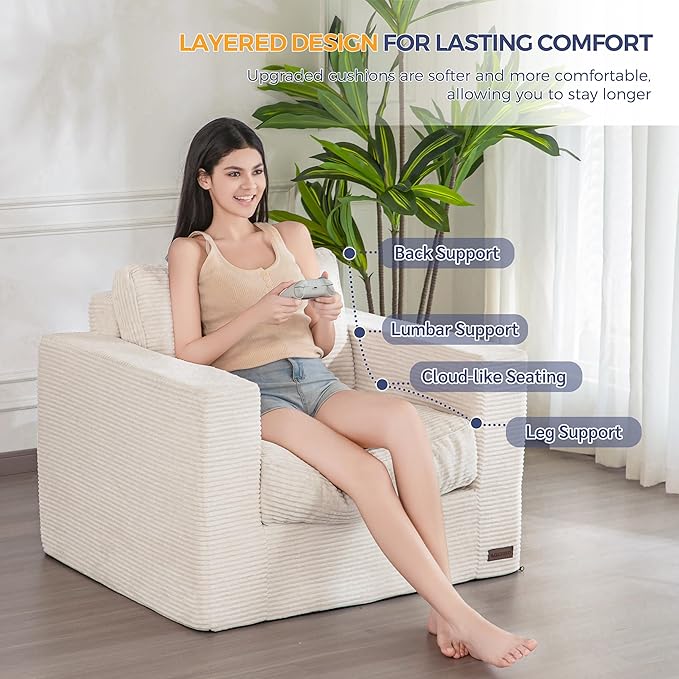 MAXYOYO Living Room Chair for Adults, Upholstered Floor Sofa with Armrests, Boneless Chair with Tufted Cushion & Backrest, Sofa in A Box, Bean Bag Couch for Bedroom Living Room, Dorm, Beige