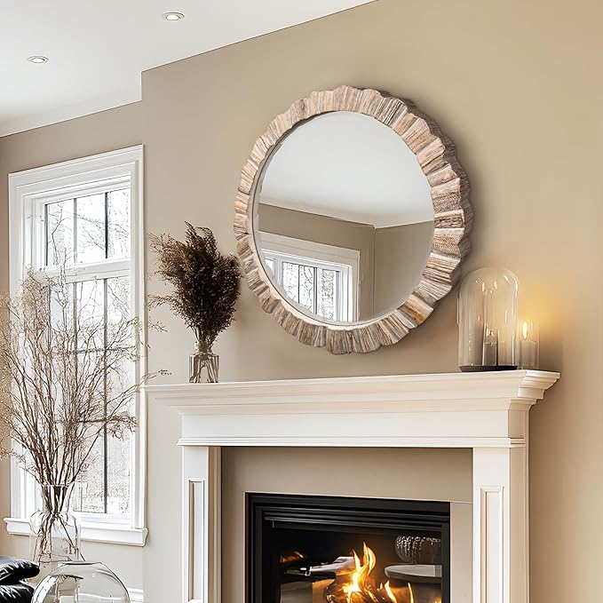 35" Wood Round Mirror, Rustic Wall Mirror with Thick Frame, Large Round Mirrors for Wall Decor, Wooden Circle Beveled Mirrors for Entryway, Farmhouse, Washed White