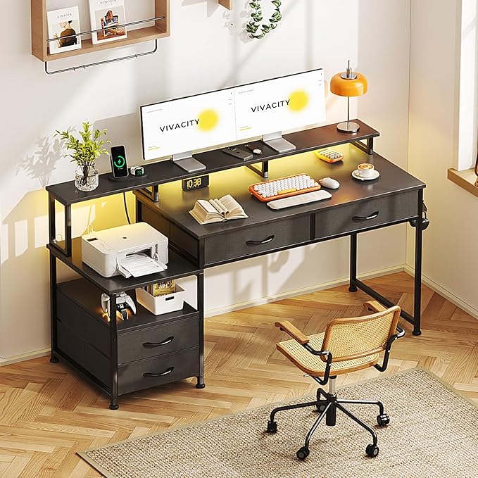 53" Computer Desk with 4 Drawers & Power Outlets, Reversible Home Office Desk with Monitor Stand & Printer Stand, Gaming Desk with Led Lights, Study Writing Work Desk Table for Bedroom (Black)