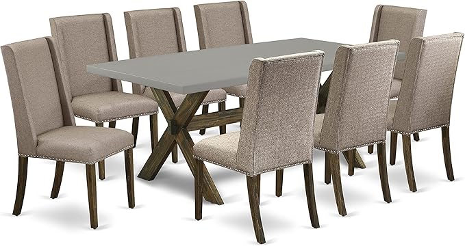 East West Furniture X797FL716-9 9 Piece Dining Set Includes a Rectangle Dining Room Table with X-Legs and 8 Dark Khaki Linen Fabric Upholstered Parson Chairs, 40x72 Inch, Multi-Color