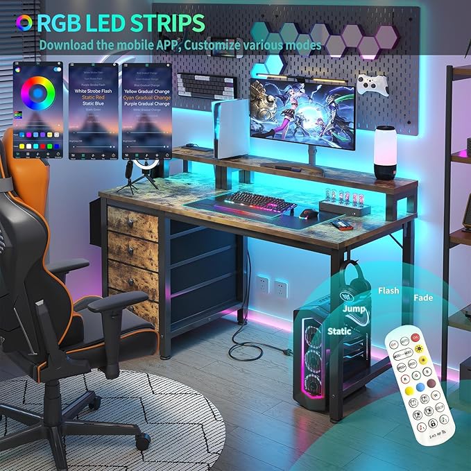 Lufeiya Reversible Gaming Desk with LED Lights and Power Outlets, 47 inch Home Office Desk with Monitor Stand, Computer Desk with Fabric Drawers, Rustic Brown