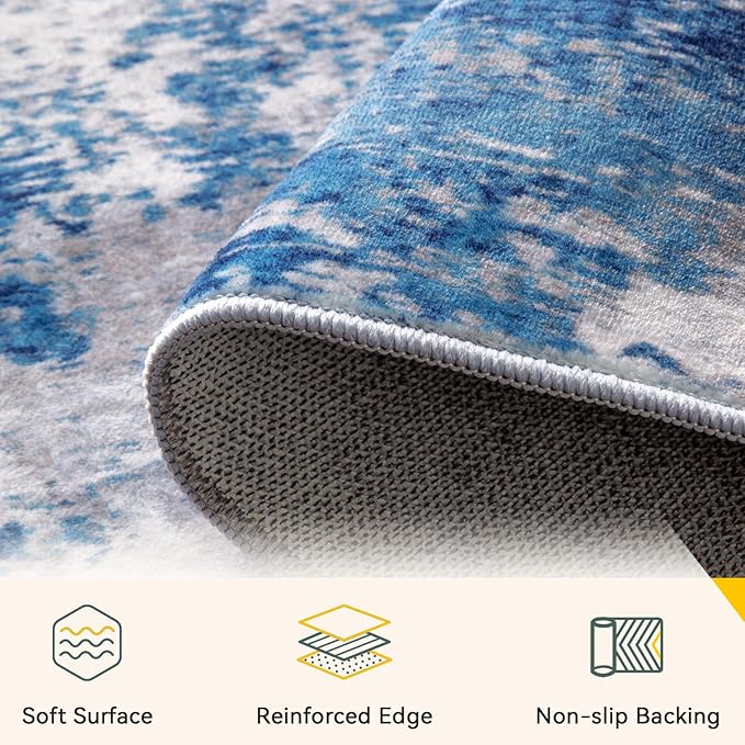 Washable Area Rugs 2'x10' Non-Slip Modern Abstract Soft for Living Room Entryway Bedroom Nursery, Print Pattern, Blue Grey Navy Gray