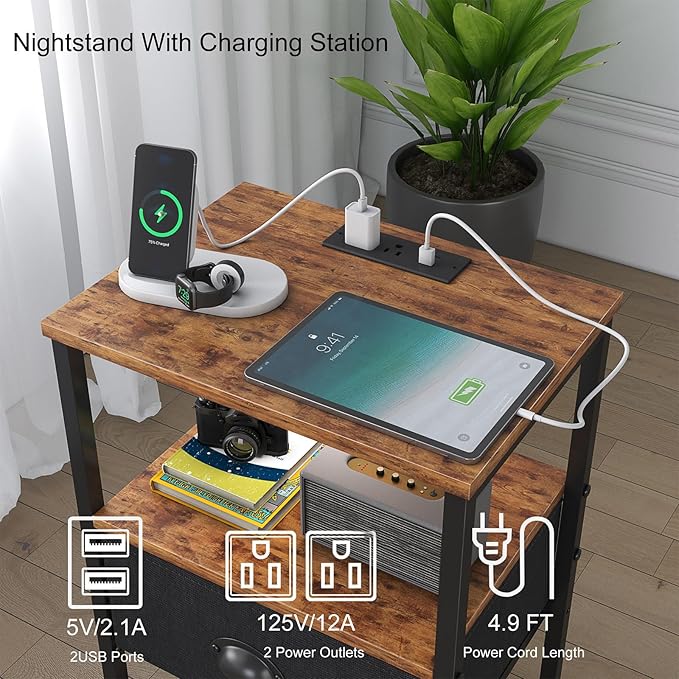 Sthmec Nightstands Set of 2, LED Bedside Tables with Charging Station and Fabric Drawer, Night Stand with Storage, 3 Tier Side Table with Open Shelf, LED Nightstands with Charging Station,Rustic Brown