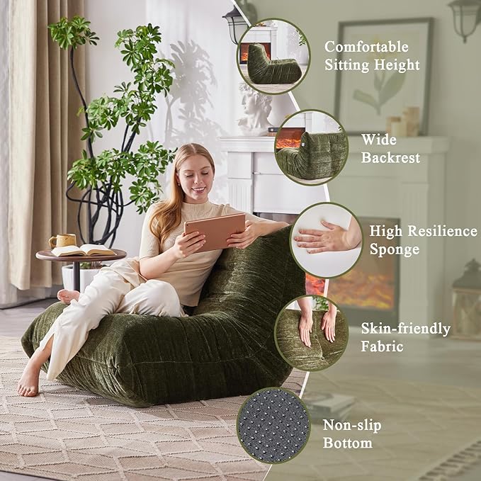 Bean Bag Chair, Fireside Chair Big Bean Bag Sofa for Adults/Teens, Memory Foam Bean Bag Gaming Chairs with Comfy Design & Premium Fabric, Lazy Floor Sofa for Living Room, Bedroom, Olive Green