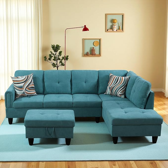 L-Shaped Sectional Sofa with Ottoman, Right-Facing Modern Microfiber Couch for Living Room, Bedroom, Office, Dark-Blue