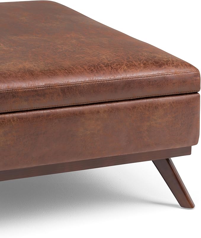 SIMPLIHOME Owen 36 inch Wide Mid Century Modern Square Coffee Table Storage Ottoman in Distressed Saddle Brown Vegan Faux Leather, Assembled, For the Living Room, Entryway and Family Room