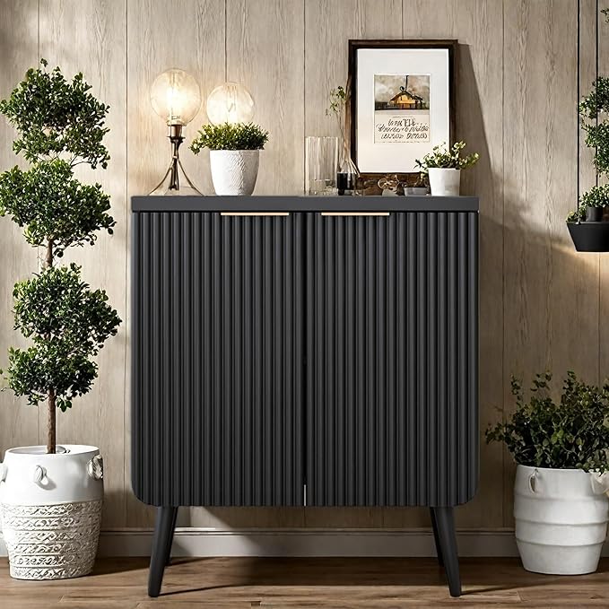 Buffet Cabinet, Sideboard Fluted Cabinet Modern Kitchen Buffet Storage Cabinets with Doors and Shelves, Wood Farmhouse Coffee Bar Station for Entryway & Dining Room & Living Room, Black