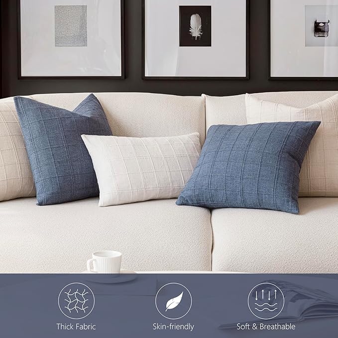 Foindtower Set of 2 Decorative Linen Check Throw Pillow Covers Neutral Farmhouse Vintage Cushion Covers Modern Coastal Boho Home Decor for Sofa Chair Couch Bedroom Living Room Outdoor,18×18 Inch,Blue