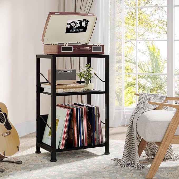 Hosfais 3 Tier Record Player Stand, Retro Vinyl Record Storage End Table Records for Living Room Bedroom (Black)