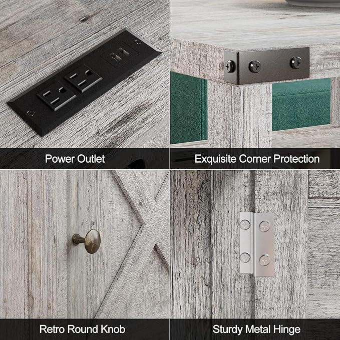 Farmhouse Nightstand Set of 2, Rustic End Table with Storage, Bedroom Night Stand, Industrial Bedside Table with USB Ports and Outlets, 17.7 x 17.7 x 23.6 inches, Grey