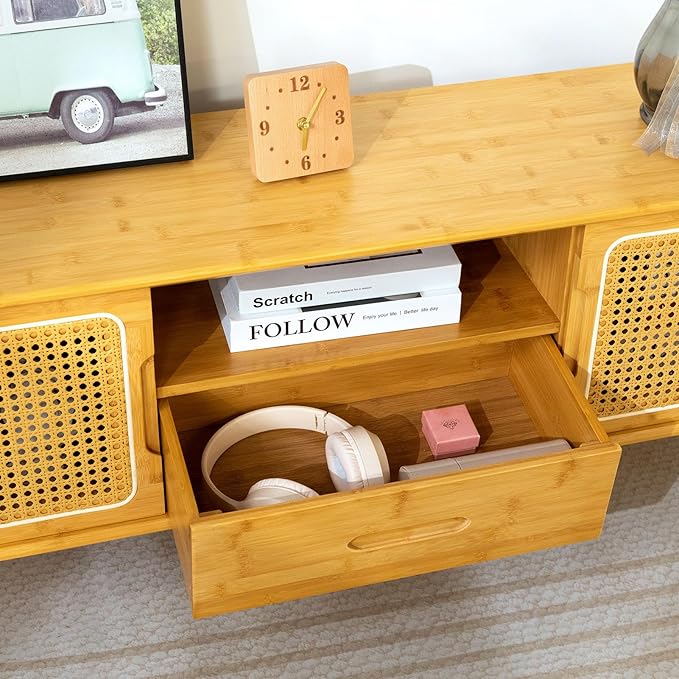 HollyHOME Bamboo TV Stand with Storage for TVs up to 65", Modern Entertainment Center with Rattan and Drawer, Accent TV Table with 2 Shelf, Media Console Cabinet for Living Room, Bedroom, Burlywood