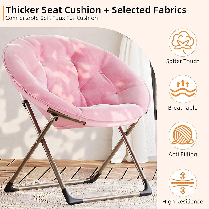 Comfy Saucer Chairs, Pink Folding Reading Lounge Chair, Cozy Faux Fur Living Room Chair with Soft Thick Padded Seat & Metal Frame, Modern Style Bedroom Home for Kids Adults, X-Large, Gold Legs