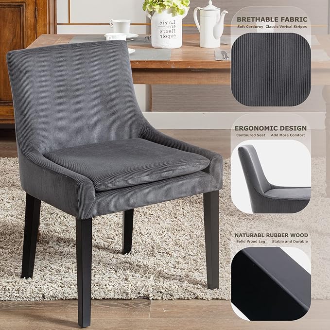 COLAMY Modern Dining Chairs Set of 4, Upholstered Corduroy Accent Side Leisure Chairs with Mid Back and Wood Legs for Living Room/Dining Room-Grey