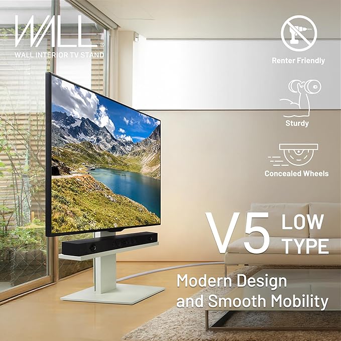 WALL V5 Low Type | Minimalist Rolling TV Stand for 32–80 Inch | Satin White | Portable, Space Saving, Height Adjustable, No Drill | for Living Room and Bedroom | Japan-Engineered Design