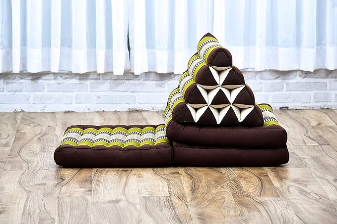 Leewadee - Comfortable Japanese Floor Mattress Used As Thai Floor Bed with Triangle Cushion, Futon Mattress Or Thai Massage Mat, 67 x 21 inches, Brown Green