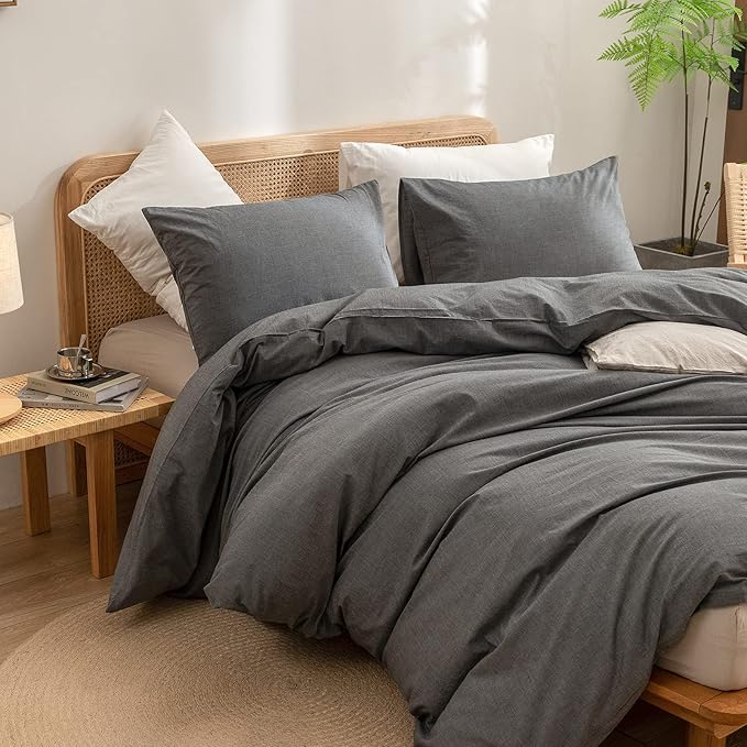 BESTOUCH Duvet Cover Set 100% Washed Cotton Linen Feel Super Soft Comfortable Chic Lightweight 3 PCs Home Bedding Set Solid Dark Grey Cal King