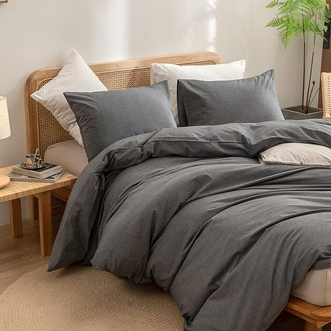 BESTOUCH Duvet Cover Set 100% Washed Cotton Linen Feel Super Soft Comfortable Chic Lightweight 3 PCs Home Bedding Set Solid Dark Grey Full/Double