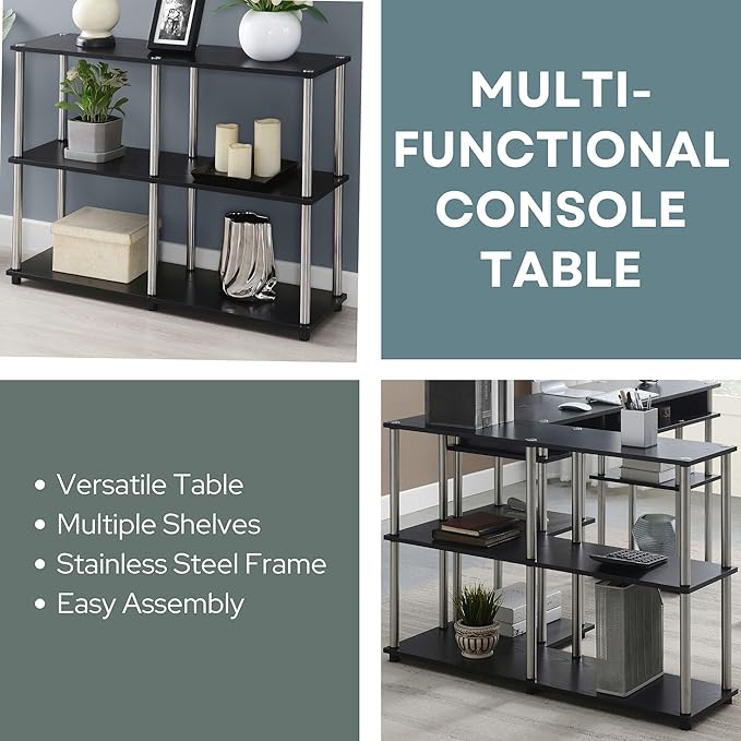 Convenience Concepts Designs2Go No Tools 3 Tier Wide Console Table 42" - Modern Multipurpose Accent with Shelves for TV Media Center, Office Desk Extension, Entryway Display, & Home Storage, Black