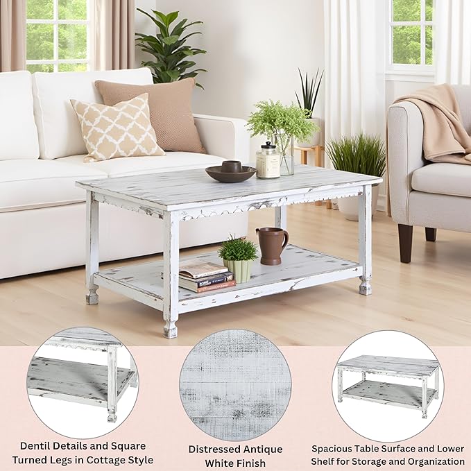 Country Cottage 42-Inch Farmhouse Coffee Table with Storage Shelf and White Antique Finish for Living Room or Family Room by Alaterre Furniture