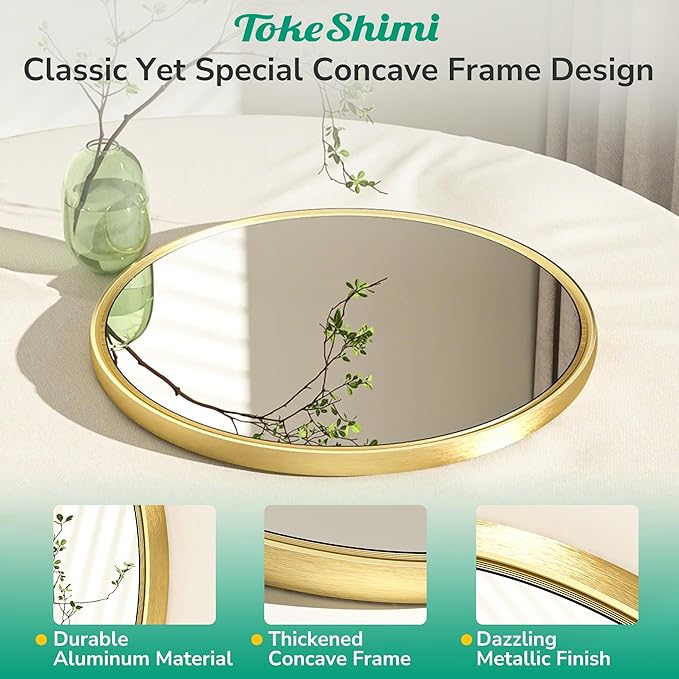 TokeShimi 30 in Round Framed Brushed Gold Mirror Bathroom Tempered, Shatterproof Mirror Circle 30x30 Farmhouse Aluminum Large Wall Mirrored for Vanity, Entryway, Bedroom, Restroom, Living Room