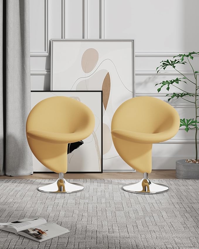Manhattan Comfort Curl Swivel Accent Chair with 360° Turn, Fully Assembled, Upholstered in Wool Blend, Modern Ergonomic Design with Polished Chrome Base, Living Room & Office, Set of 1, Yellow