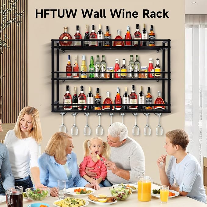Metal Wine Rack Wall Mounted, Bar Shelves for Liquor Bottles with LED Light, 3 Tier Large Capacity Liquor Rack Wall Mounted with Glass Holder for Home Bar & Dining Room （Black, 59in/150cm）