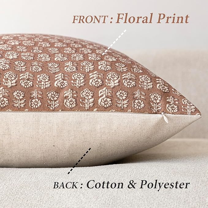 Foindtower Set of 2 Decorative Vintage Floral Print Throw Pillow Covers Neutral Farmhouse Cushion Covers Boho Home Decor for Sofa Couch Chair Bedroom Living Room Outdoor,22×22 Inch,Light Orange Brown