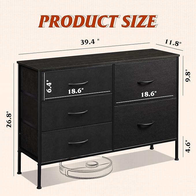 WLIVE Dresser for Bedroom with 5 Drawers, Wide Bedroom Dressers with Drawer Organizers, Chest of Drawers, Fabric Dresser for Living Room, Closet, Hallway, Charcoal Black