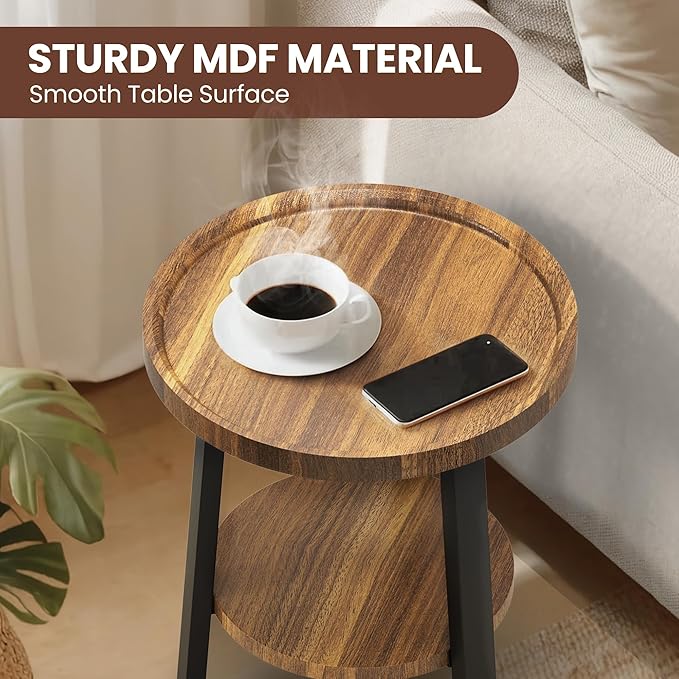 PPAMAPIC Round End Table, 2 Tier Side Table with Storage Shelf, Nightstand Accent Table for Living Room Bedroom Small Space, Black Metal Frame, 15.7" D x 19.7" H, Rustic Brown