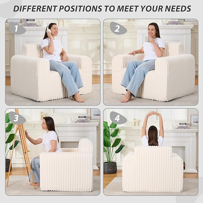 Giant Bean Bag Chair for Adults, Non-Slip Floor Sofa with High Backrest & Wider Armrest, Upgrade Whole Sponge Bean Bag Sofa Couch for Bedroom Living Room(Large,Beige,Stripe Plush)