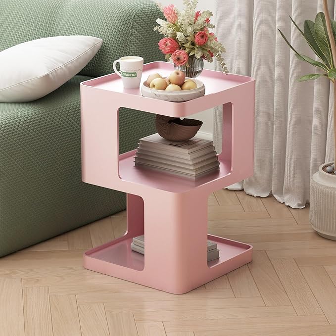 Metal Small Nightstands, Modern Side Table with 3 Tiers Storage, Pink End Table for Couch, Living Room Bedroom, Bedside Tables No Assembly Required