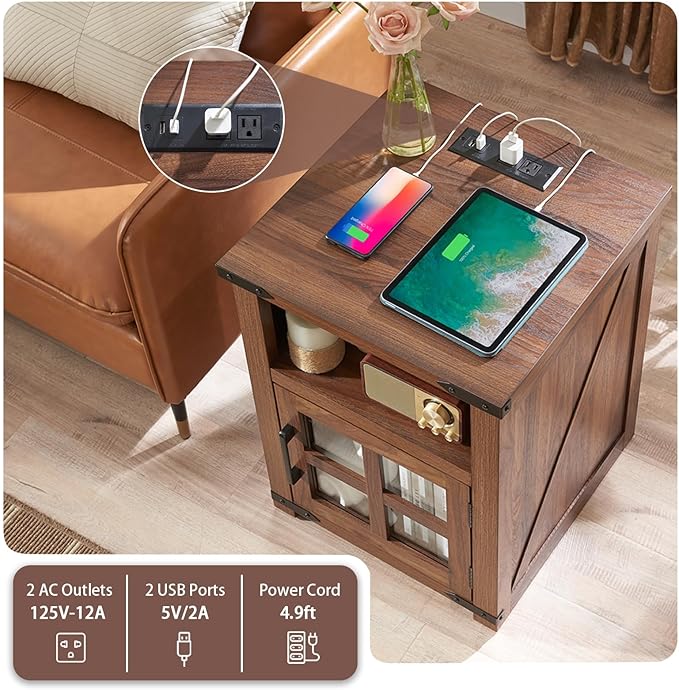 Farmhouse Nightstand with Charging Station, Rustic End Table with Tempered Glass Barn Door, Wood Sofa Side Bedside Table with Open Storage Shelf for Living Room, Bedroom, Brown, 2 Pack