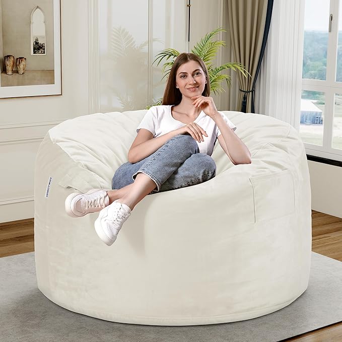 HABUTWAY Bean Bag Chair 3Ft Luxurious Velvet Ultra Soft Fur with High Rebound Memory Foam Bean Bag Chairs for Adults Plush Lazy Sofa with Fluffy Sponge 3' (Beige)