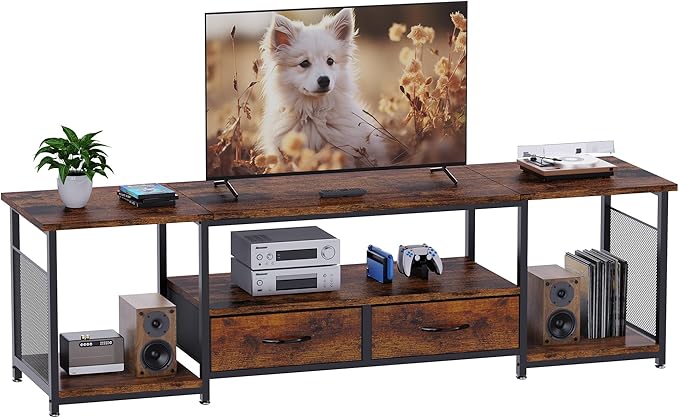 TV Stand with Drawers and Open Storage Shelves for 75 70 65 Inch TV, Entertainment Center with Open Storage Shelves, Industrial Media TV Console Table for Living Room Bedroom Office, Rustic Brown