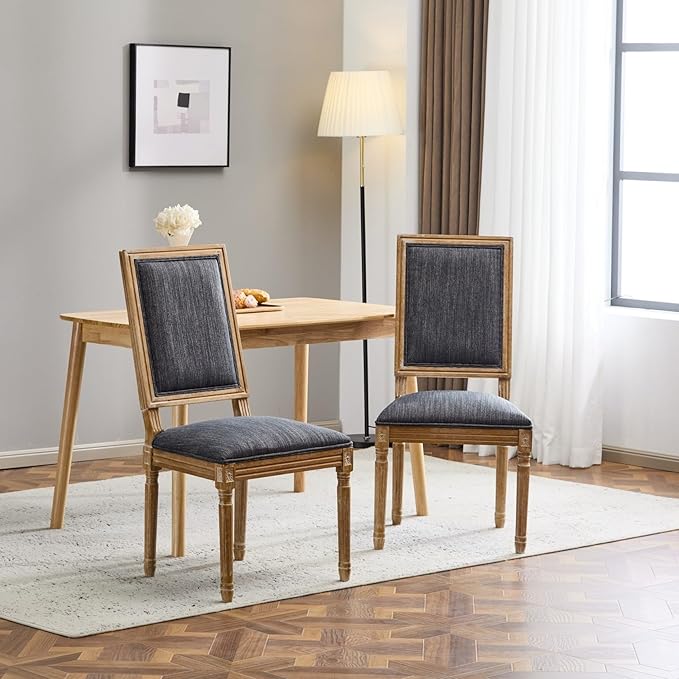 Merax Upholstered Solid Wood Dining Chairs Set of 2, French Country Style Accent Side Seating Furniture for Kitchen, Living Room, Cushioned Back, Blue Gray