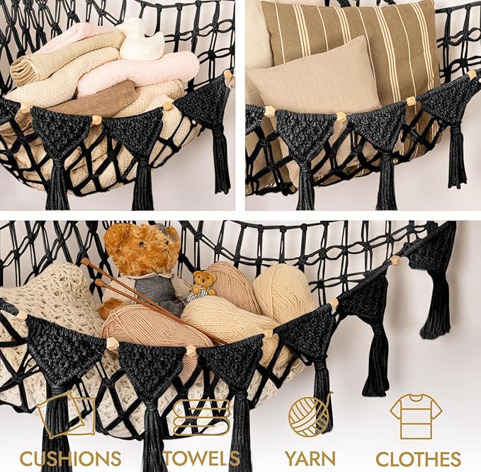 Macrame DreamLights Boho Stuffed Animal Storage Net Hammock Extra Large Plush Toy Storage Holder For Small Or Large Plushies BLACK