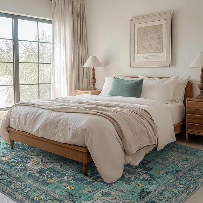 GENIMO 3x5 Area Rugs for Living Room, Machine Washable Non Slip Vintage Rugs, Low Pile Lightweight Chenille Print Rug for Bedroom, Dining Room, Home Office, Dark Green