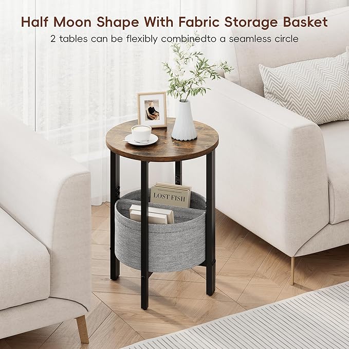 Vagusicc Small Round Side Table, Accent End Table with Storage Basket, Set of 2 Half Round Tables End Table, Coffee Bedside Table Half Moon Tables, Modern Nightstand for Living Room Bedroom, Brown