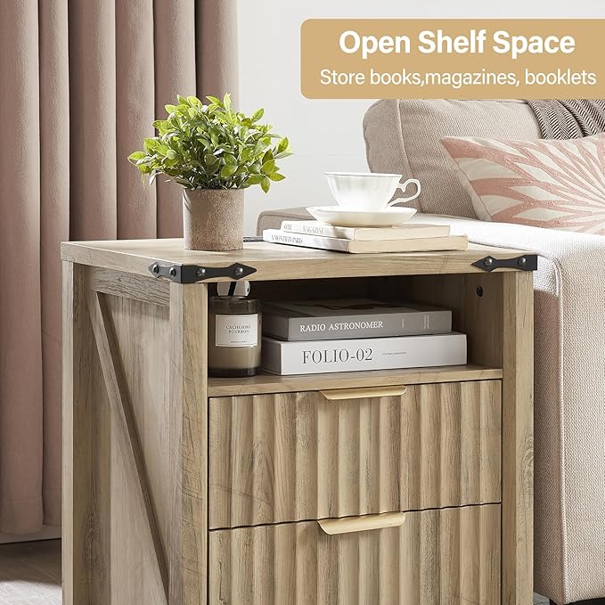 Fluted Nightstand with Charging Station - 20 Inch Wide Farmhouse Bedside Table with 2 Drawers, Modern Wood End Side Table for Bedroom Study Storage Home (Sunwashed Ash Oak)