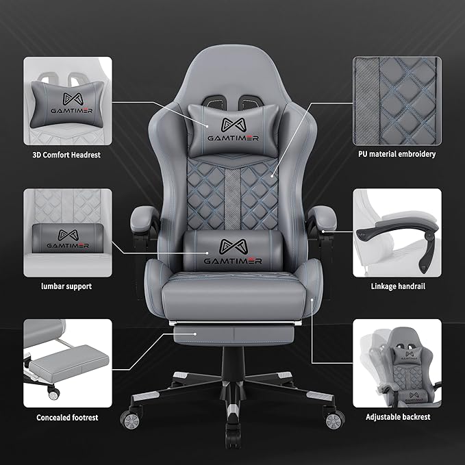 Gaming Chair, 400 lbs Adult Chair, High Back Computer Chair with Footrest and Linked Armrests, Office Video Game Chair with Lumbar Support (Grey)