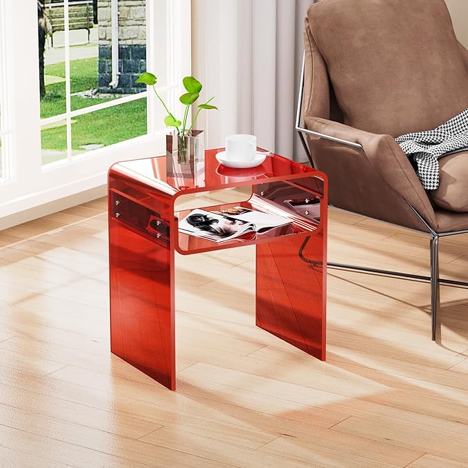 Clear Acrylic End Table 2-Tier Bedside Nightstand for Living Room Bedroom (1, Red)