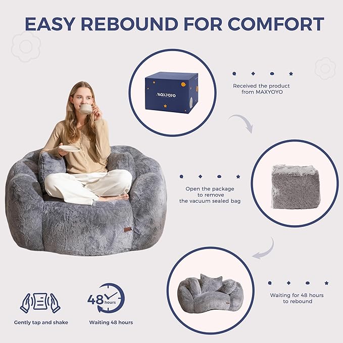 MAXYOYO Bean Bag Chair with 3 Pillows, Oversized Floral Shaped Bean Bag Sofa for Adults, Ultra Soft Faux Fur Floor Sofa, Large Stuffed Reading Chair for Living Room Bedroom, Grey
