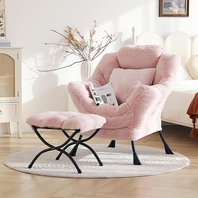 Large Lazy Chair with Ottoman, Accent Reading Chair with a Throw Pillow, Cozy Lounge Chair with Armrest, Leisure Sofa Chair for Living Room, Bedroom, Dorm, Plush Pink